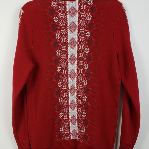 Eddie Bauer Vintage Red Snowflake Fair isle Zip Front Cardigan Sweater Ski - Picture 12 of 14